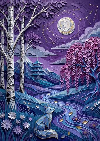 Geometric Fox in Purple Japanese Landscape