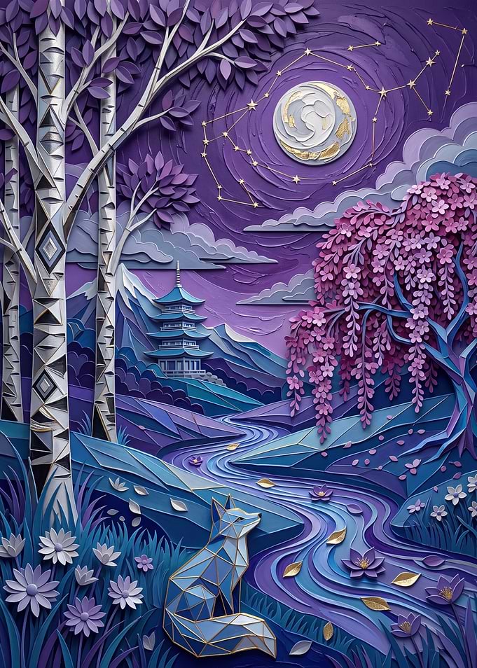 Geometric Fox in Purple Japanese Landscape