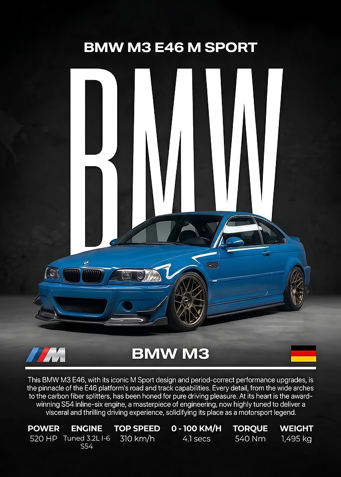 blue BMW M3 E46 M Sport Poster