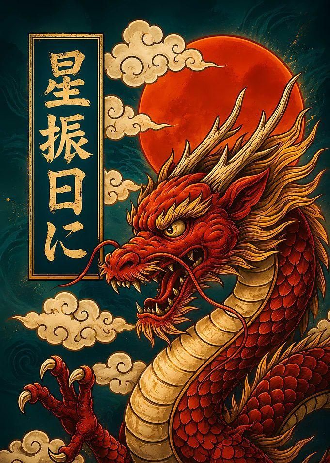 Red Dragon with Japanese Calligraphy