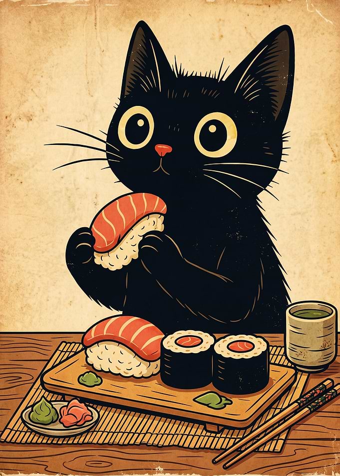 Cute Black Cat Eating Sushi