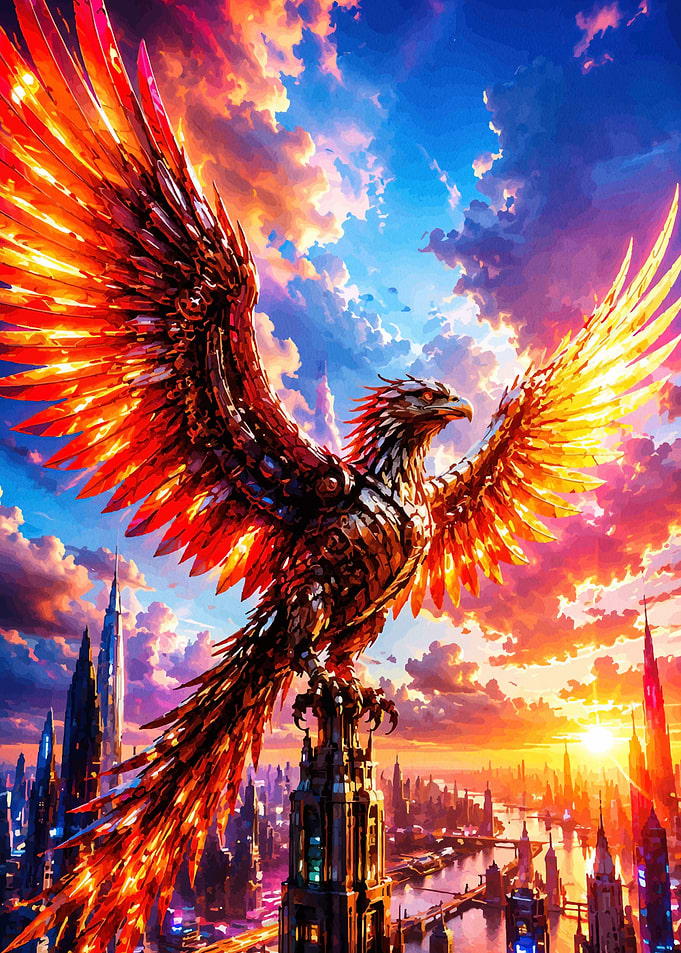 Mechanical Phoenix Over Futuristic City