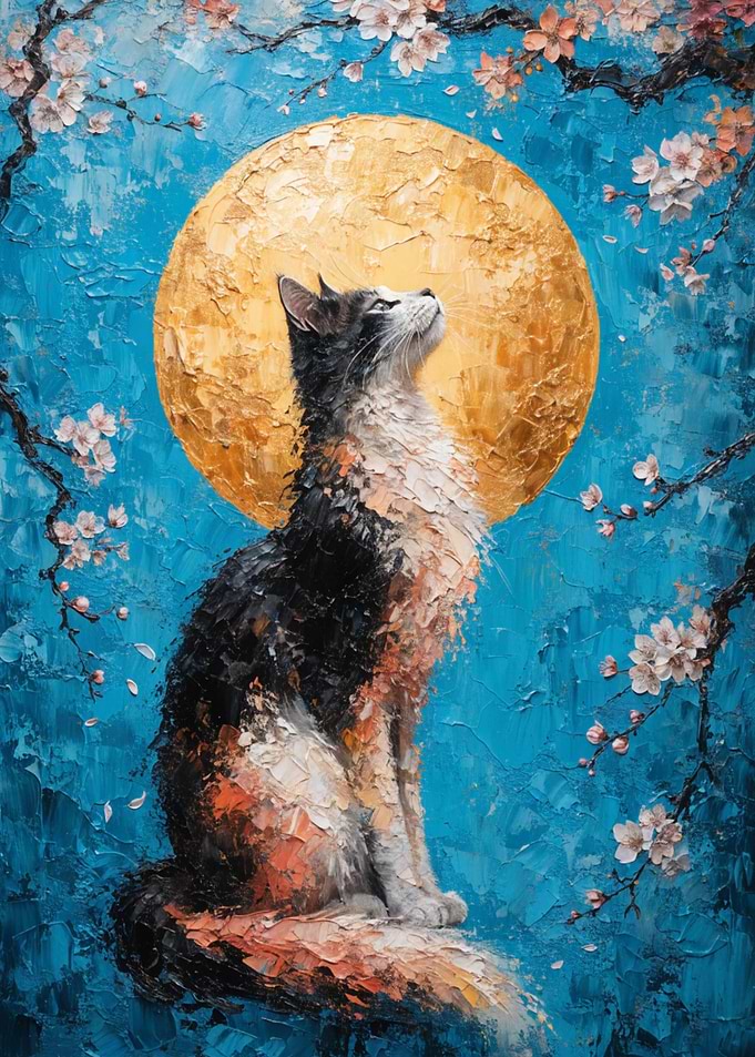 Cat Under Golden Moon and Blossoms