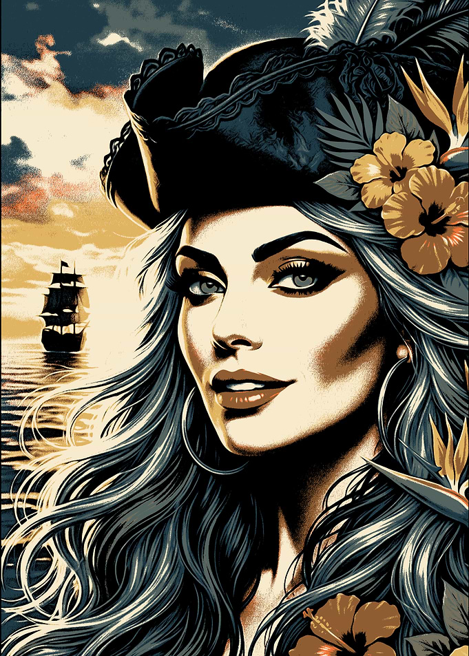 Beautiful Pirate Woman Tropical Sunset Portrait
