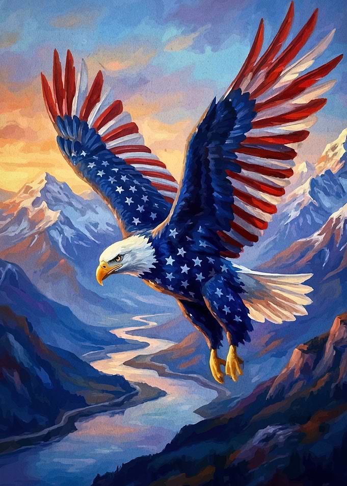 Patriotic Bald Eagle Over Mountains