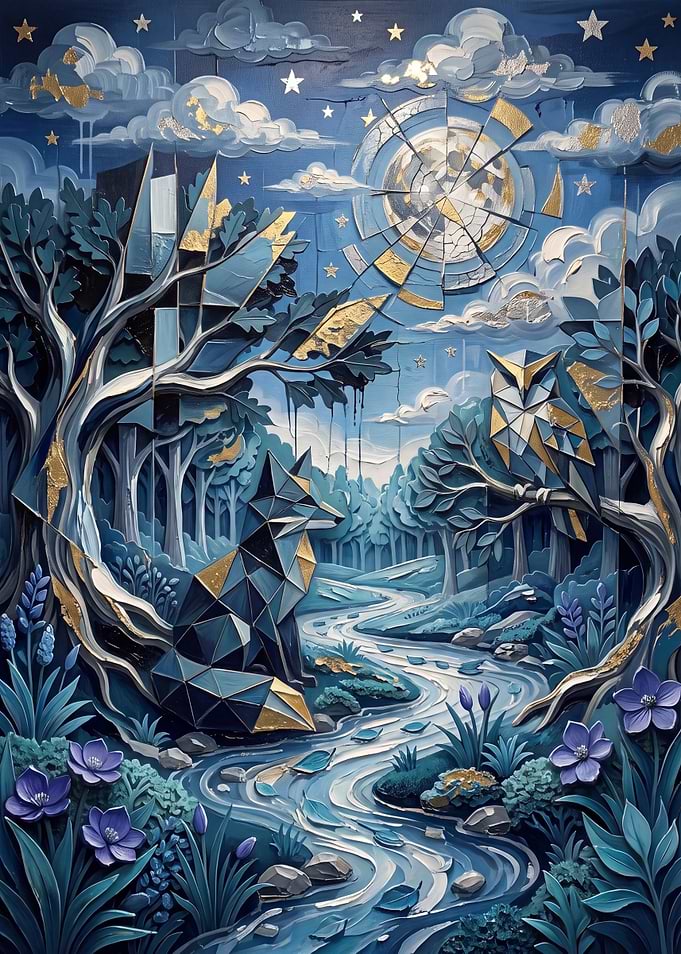 Geometric Forest Scene with Moon