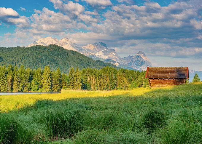 Alpine Meadow with Wooden Hut