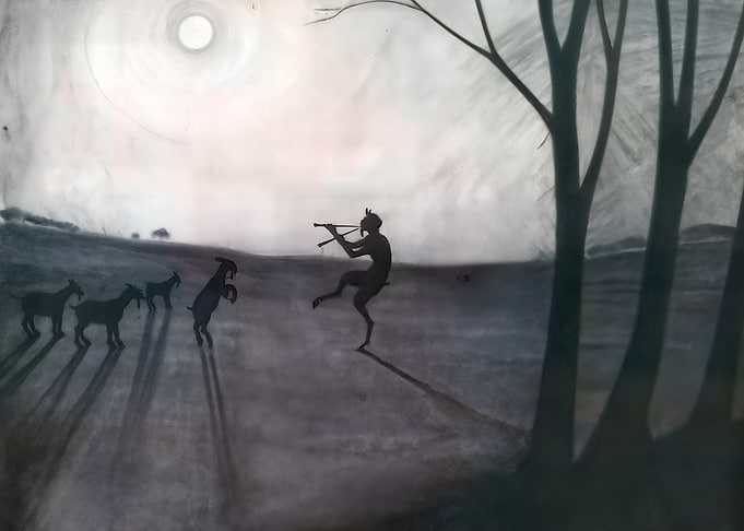 Faun Playing Flute for Goats