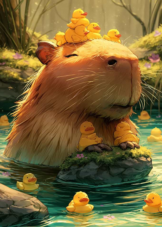 Capybara Relaxing with Rubber Ducks