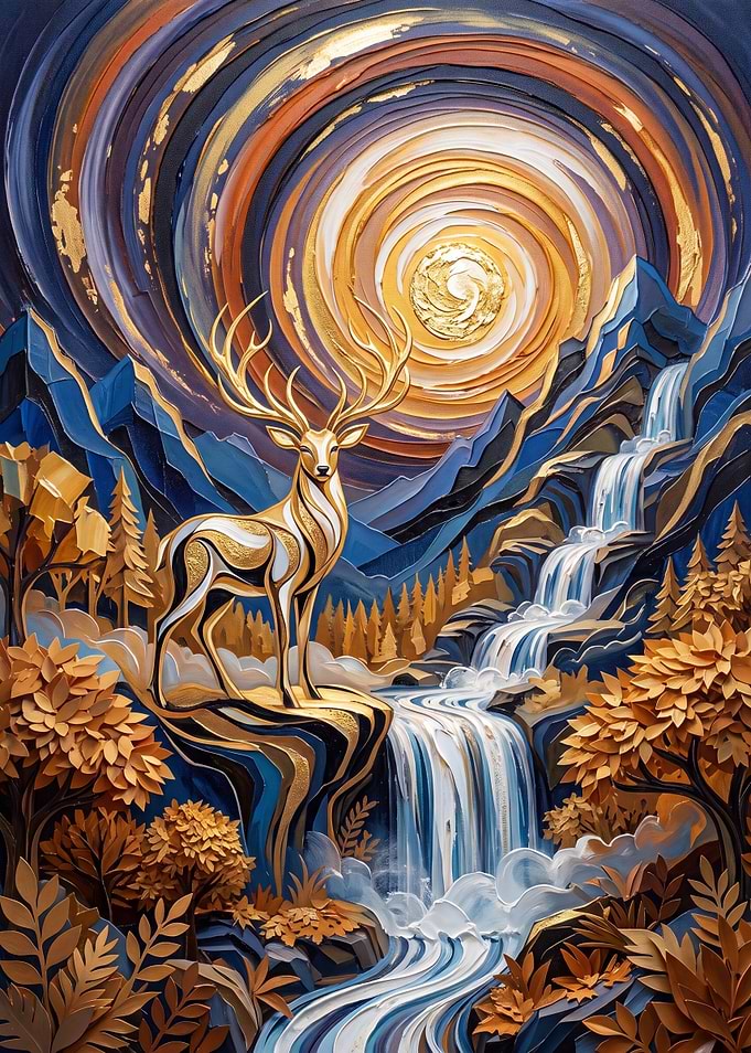Golden Stag in Mystical Landscape