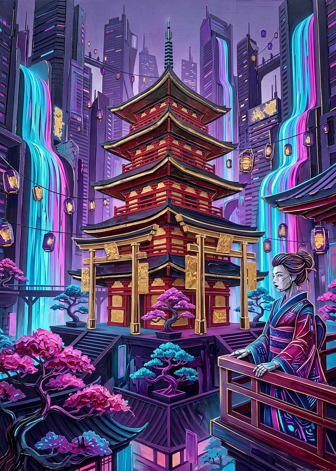 Cyberpunk Japanese Pagoda Cityscape