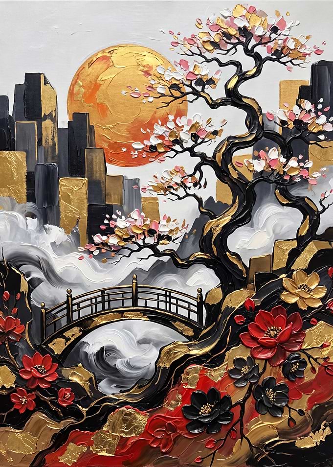 Abstract Japanese Landscape with Golden Sun