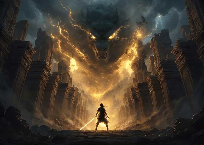 Warrior Facing a Stormy Beast