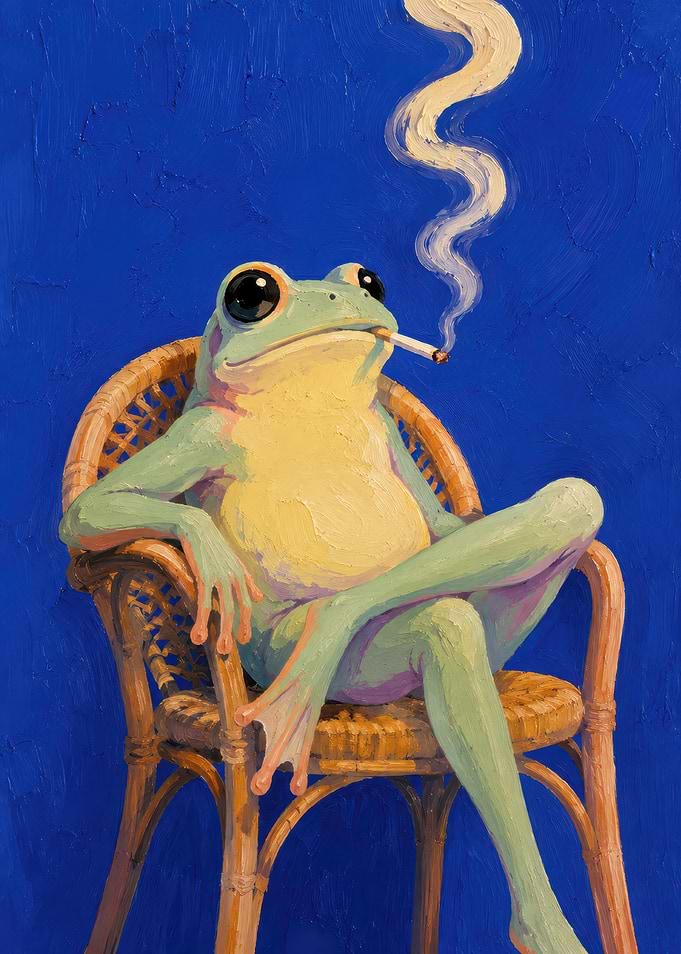 Cool Frog Smoking in Wicker Chair