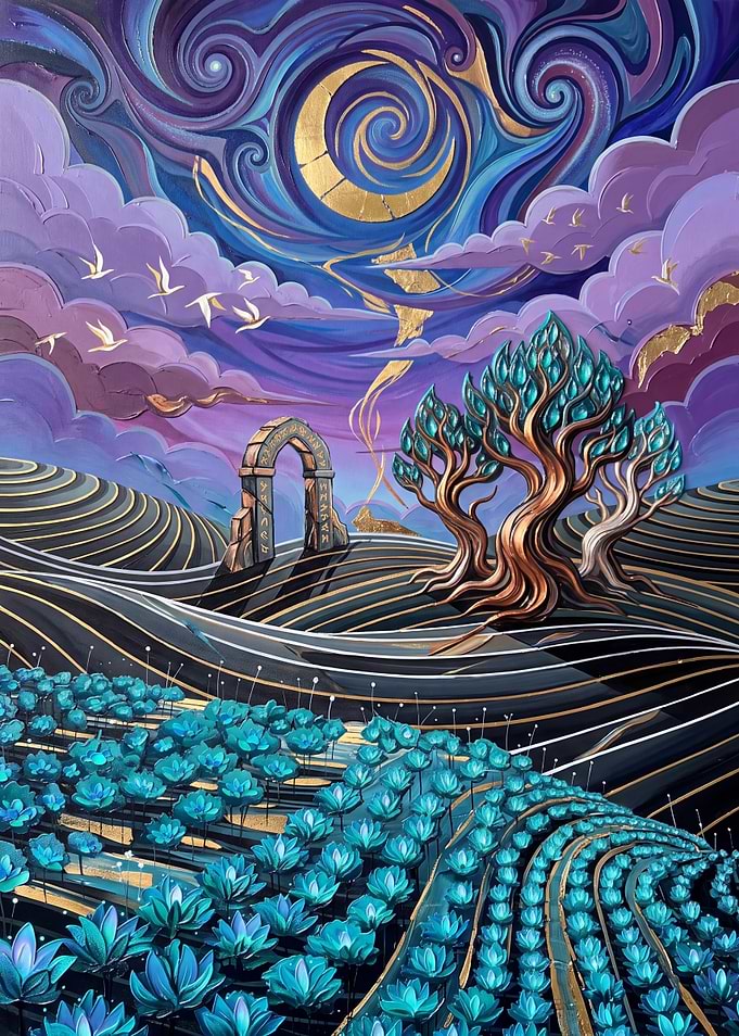 Surreal Fantasy Landscape with Glowing Flowers