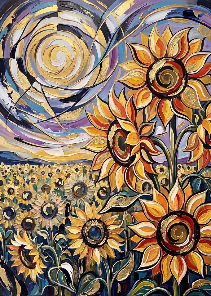 Vibrant Sunflowers Under Swirling Golden Sky