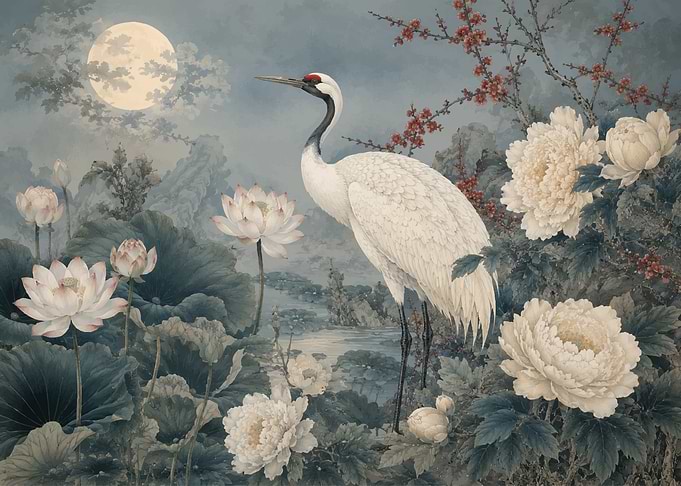 Red-Crowned Crane in Floral Landscape