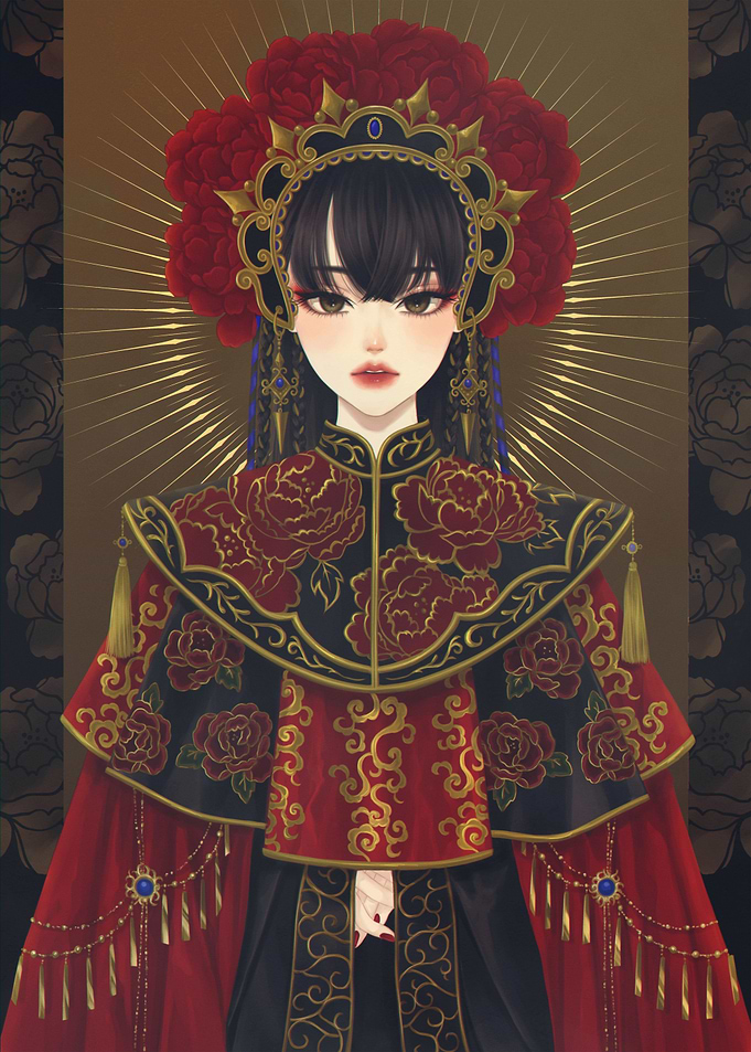Regal Empress in Traditional Floral Attire