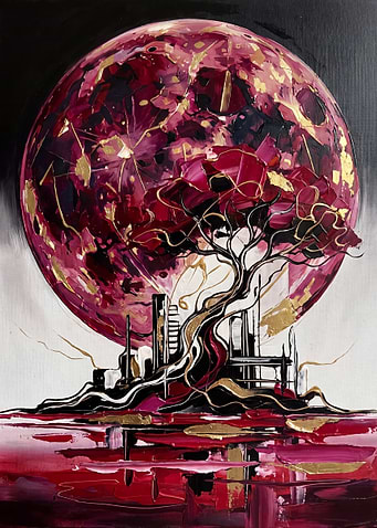 Abstract Crimson Moon and Cityscape Painting