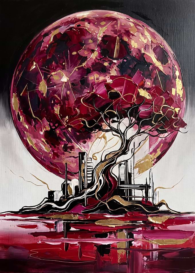Abstract Crimson Moon and Cityscape Painting