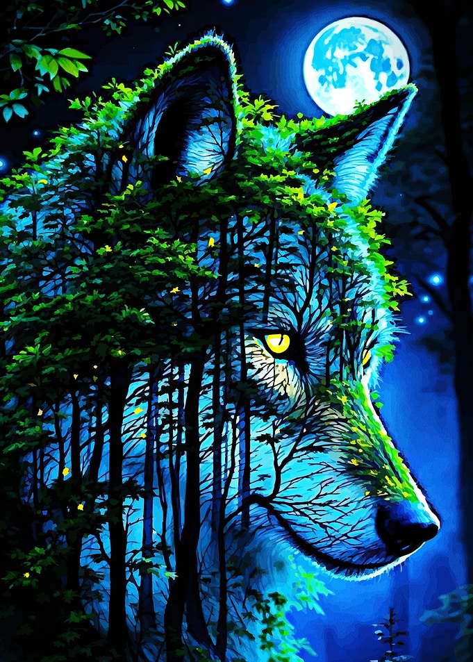 Double Exposure Forest Wolf Portrait