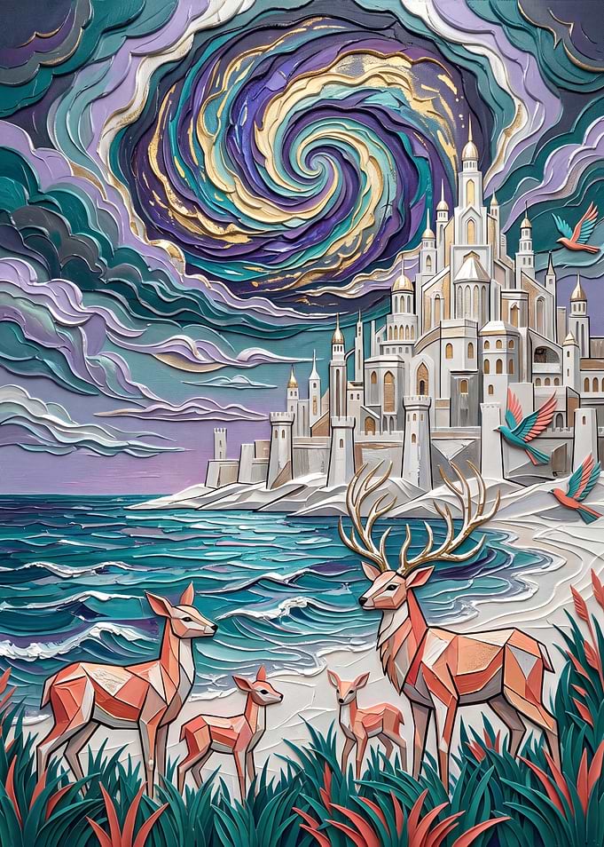 Fantasy Castle and Deer Family Painting
