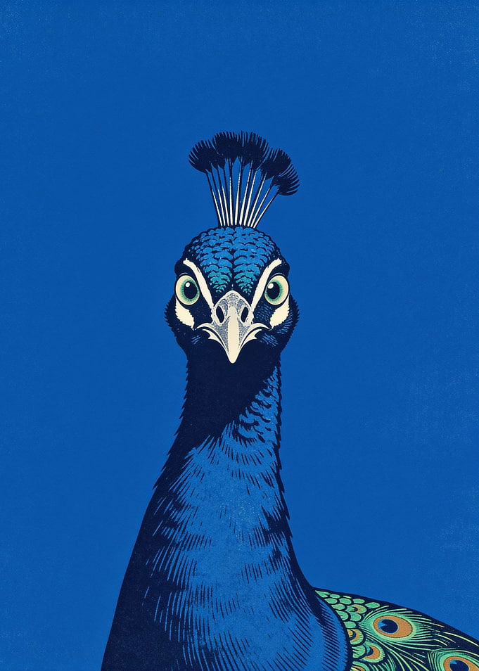 Minimalist Peacock Portrait on Blue