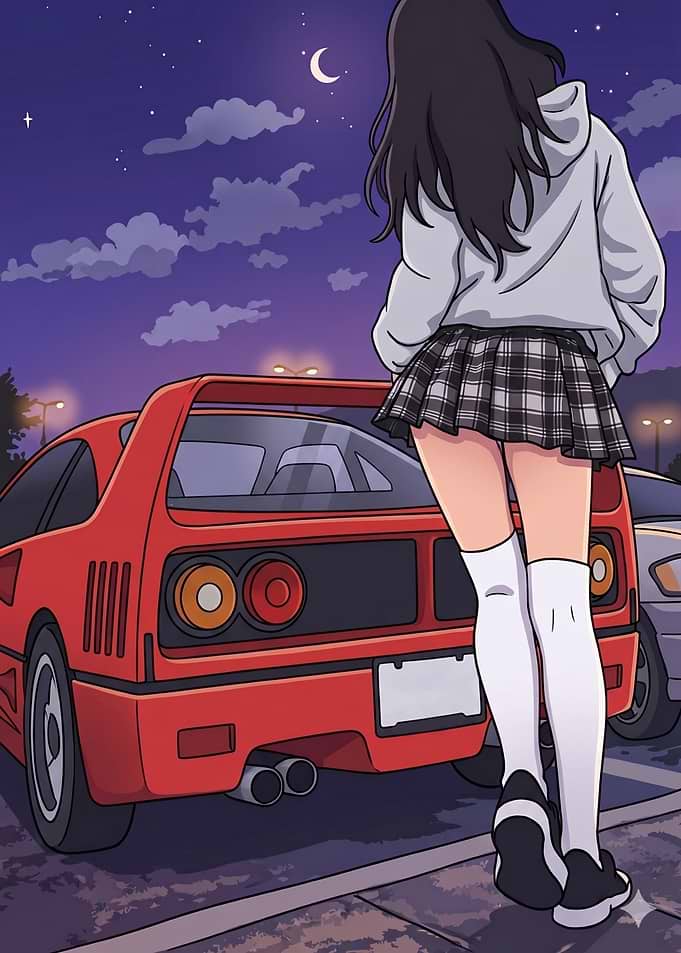 Anime Girl and Sports Red Car at Night