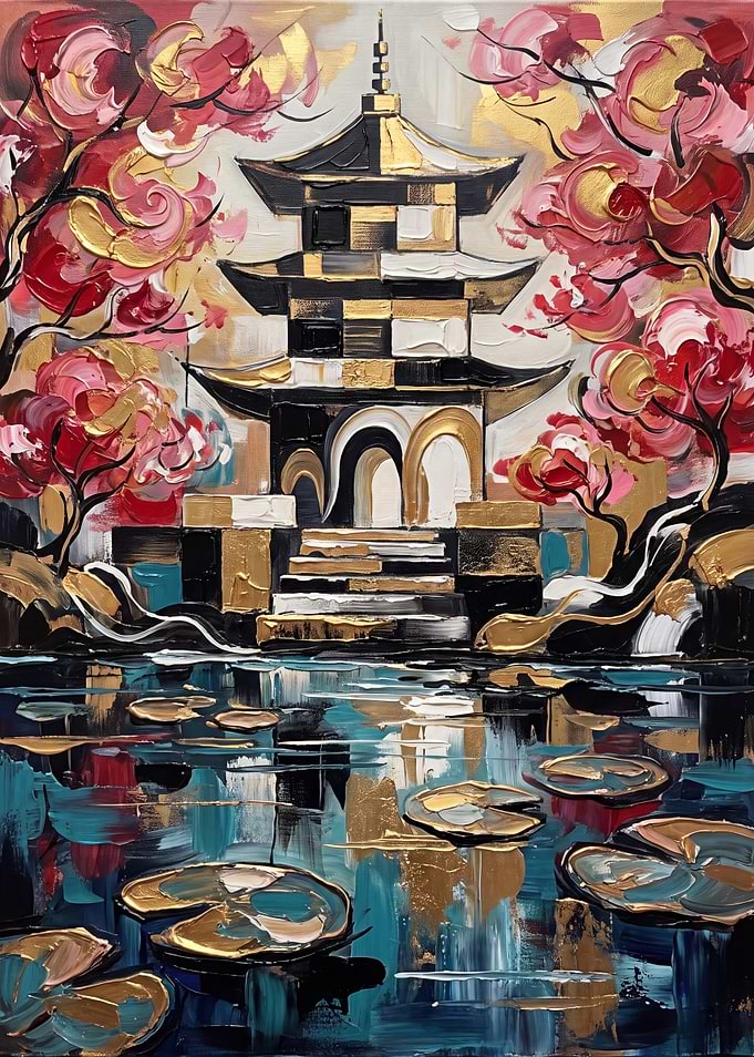 Abstract Japanese Pagoda and Lotus Pond