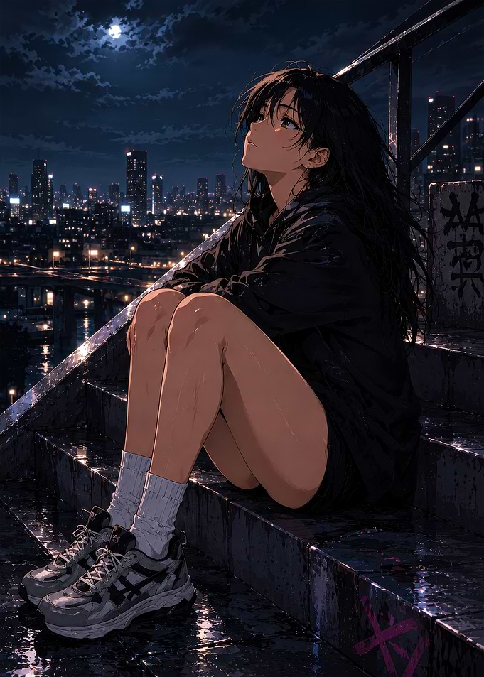 Anime Girl Sitting on Rooftop at Night