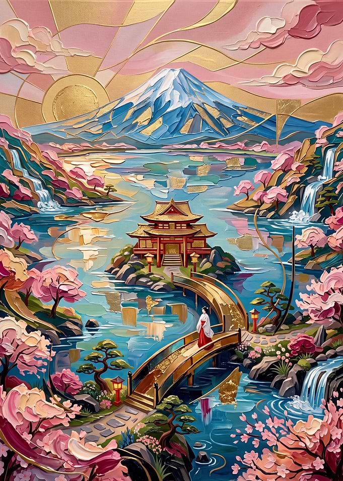 Japanese Temple and Mount Fuji Landscape