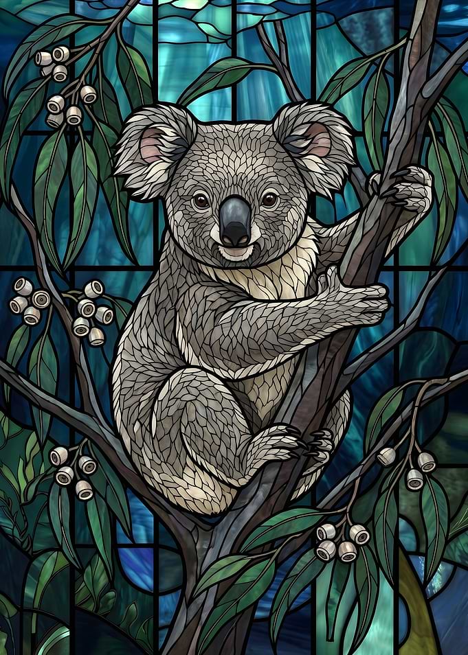 Stained Glass Koala in Eucalyptus Tree