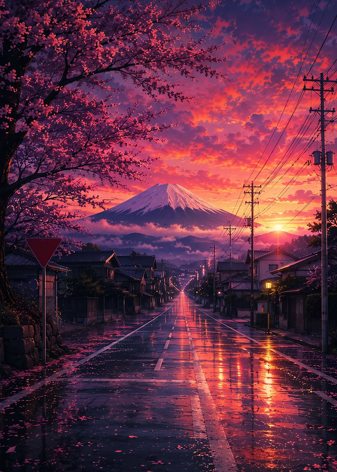 Mount Fuji Sunset Cherry Blossom Street
