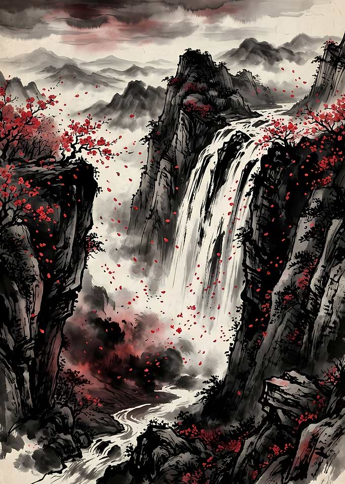 Ink Wash Waterfall with Red Blossoms