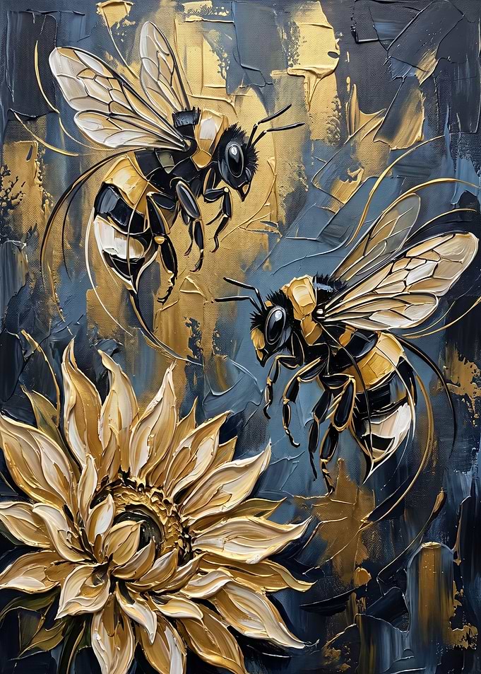 Golden Bees and Sunflower Oil Painting