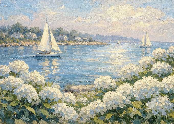 Vintage Coastal Sailboat Hydrangea Seascape
