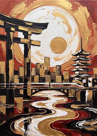 Japanese Cityscape with Torii and Pagoda