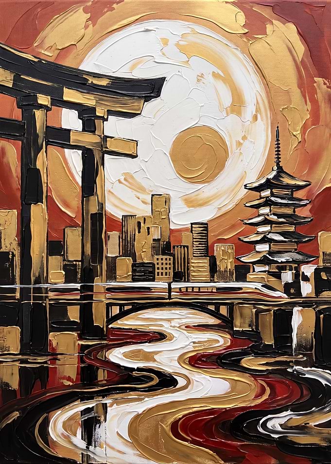 Japanese Cityscape with Torii and Pagoda