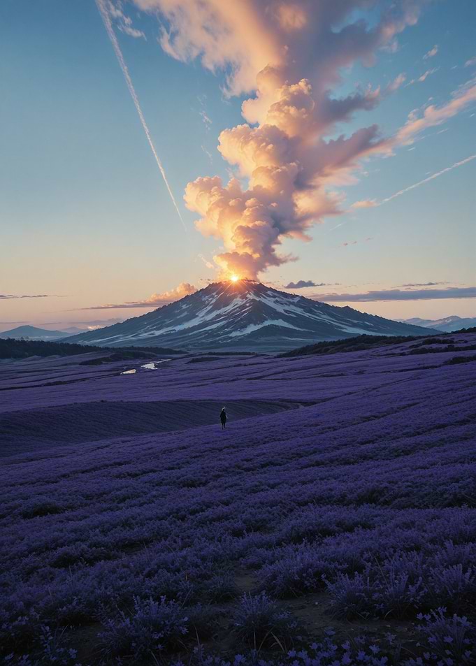 Volcano Erupting Over Lavender Fields