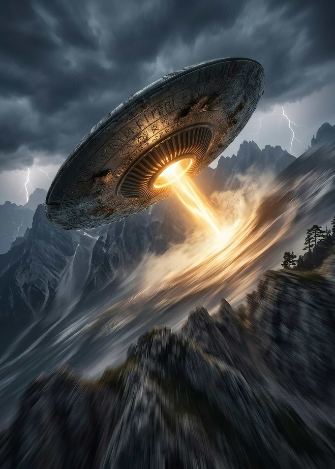 UFO Abduction Over Mountain Landscape