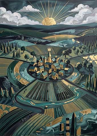 Golden Crowned Village Landscape Painting