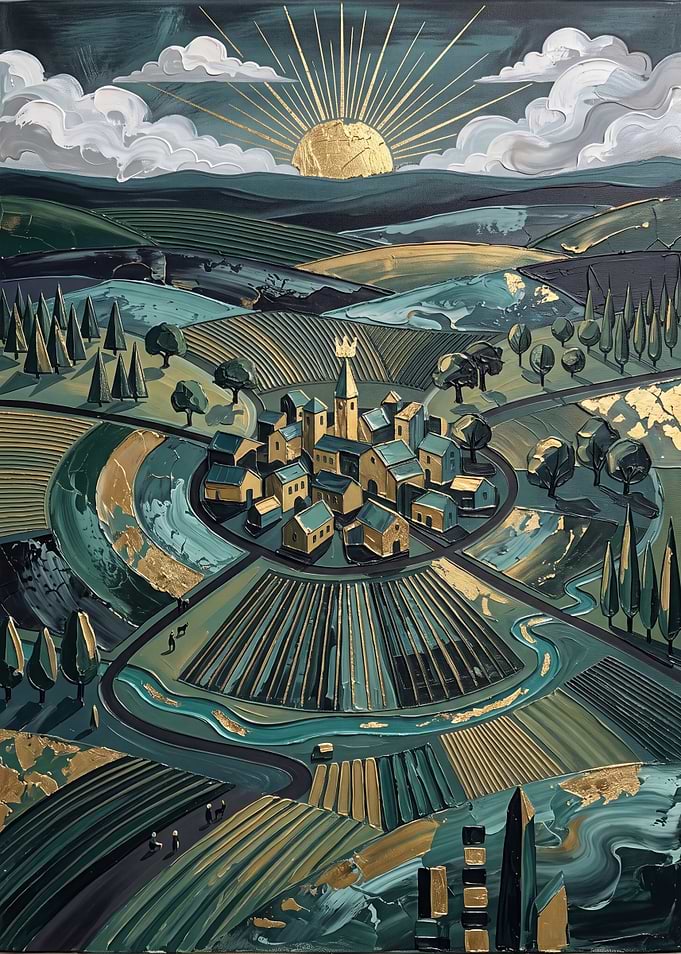 Golden Crowned Village Landscape Painting