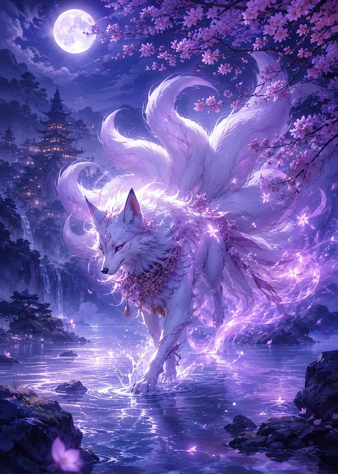 Mystical Nine-Tailed Fox in Moonlight
