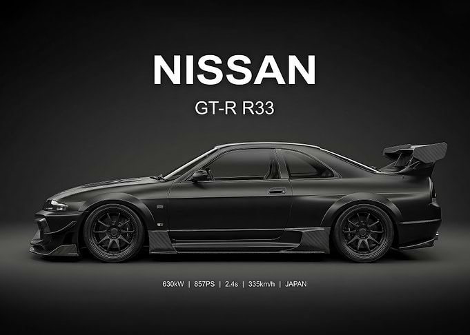 black Nissan GT-R R33 Profile View car poster