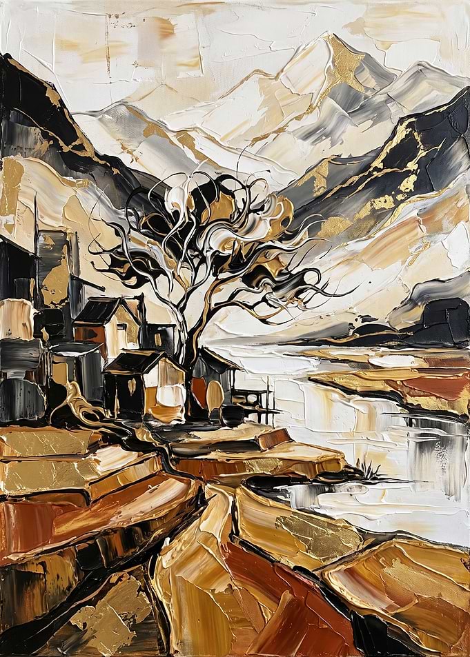 Abstract Gold and Black Mountain Landscape