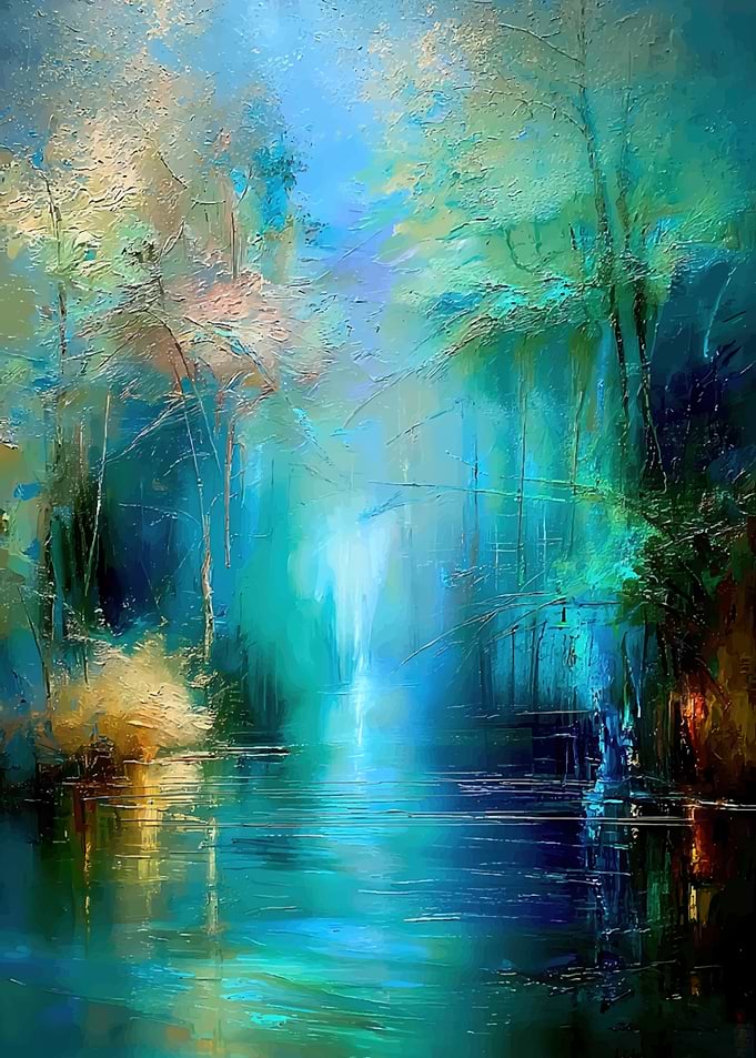 Ethereal Teal Forest Lake Painting
