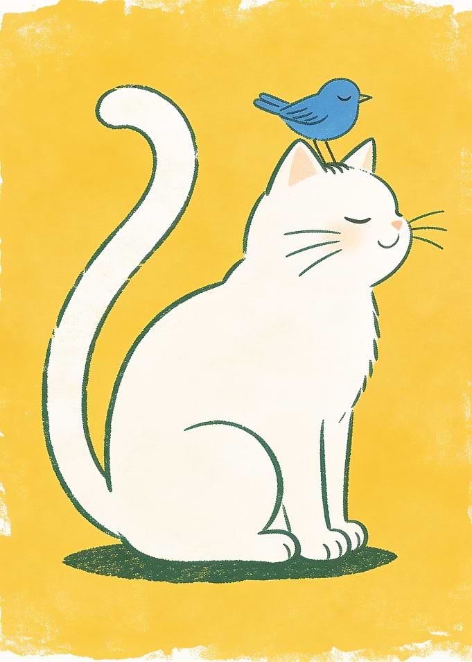 White Cat with Blue Bird