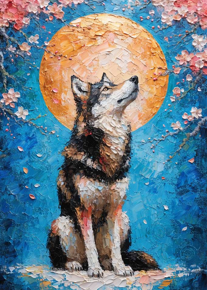 Wolf Under Golden Moon Oil Painting