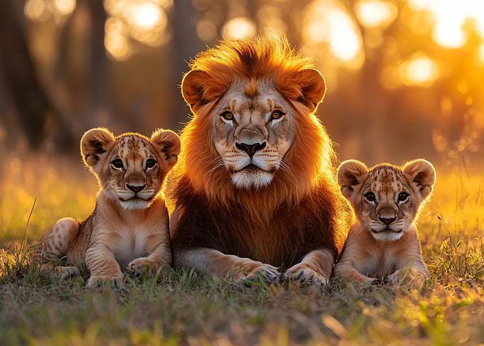 Majestic Lion and Two Cubs