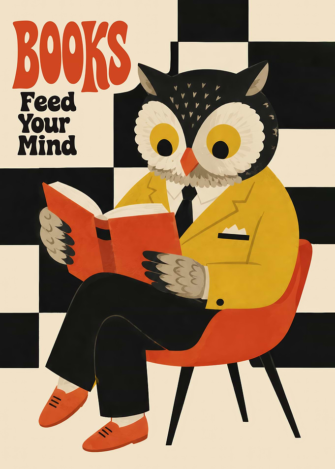 Owl Reading Books Poster